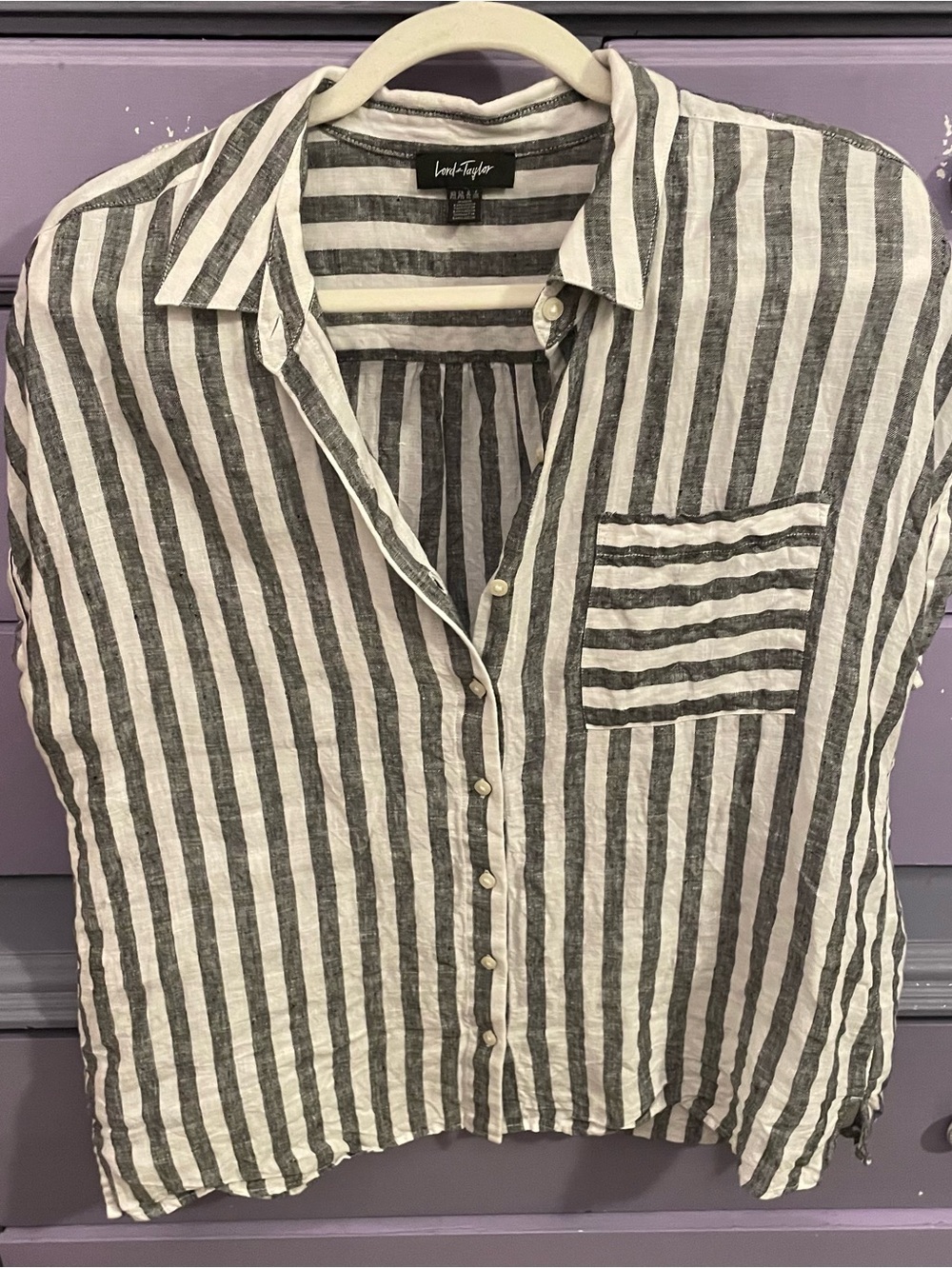 Lord & Taylor Blue and White Striped Short Sleeve Top